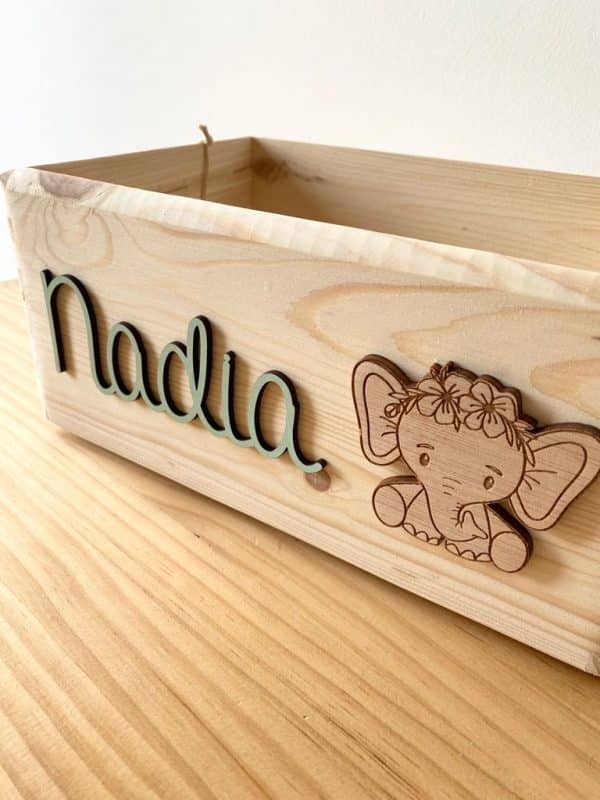 Caja 20x30 con nombre y elefante con flores en relieve